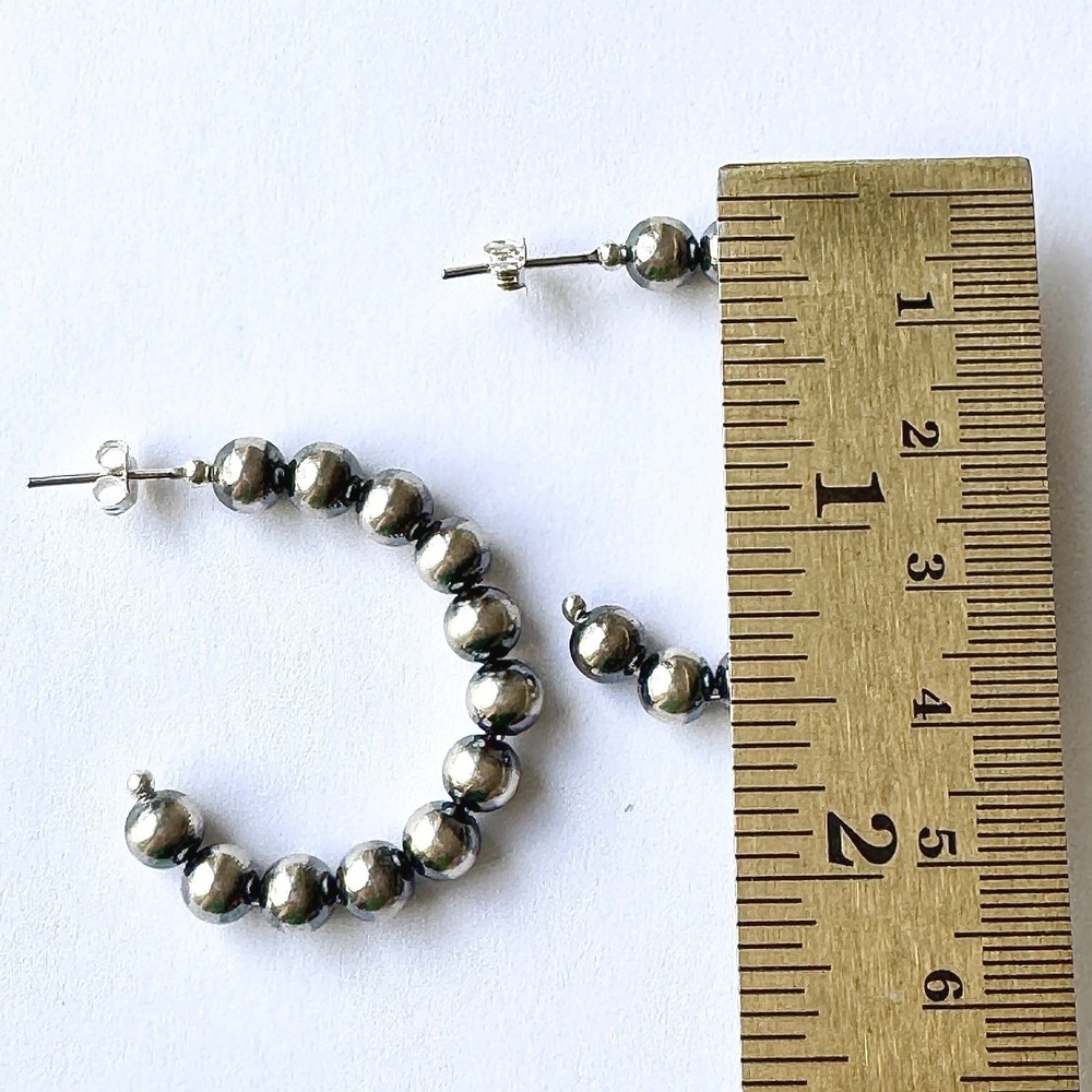 Navajo Pearl Hoop Earrings 1.5" Sterling Silver 6mm Bead Native American‎ - Picture 2 of 6